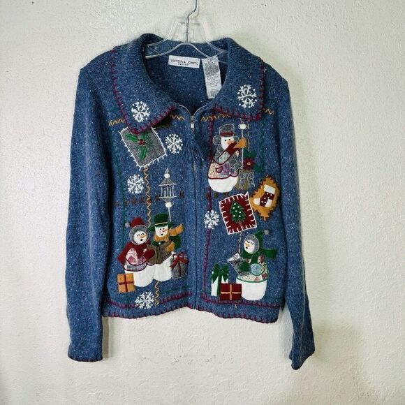 Victoria Jones Petite Christmas Sweater Women's Size PM Full Zip Snowmen Blue - Picture 1 of 13